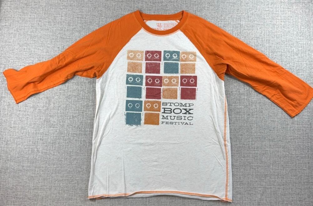 Fossil Stomp Box Music Festival Raglan Shirt Medium Orange 3/4 Sleeve Y2K